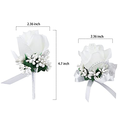 Wrist Corsage Boutonniere Set, Artificial Rose Bridesmaid Bride Wrist Corsage and Groom Men Boutonniere for Wedding Party Prom (Boutineer Corsage- White, 6 PCS) - color: Boutonniere Corsage- White, size: 6 Packs