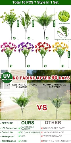 16 Bundles 7 Styles Artificial Flowers for Outdoors, UV Resistant No Fade Fake Plants Outdoor Faux Flowers Plant Silk Daisy Boston Fern Lavender Flowers for Cemetery Outside Planters Porch Patio Home