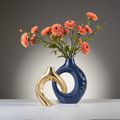 LCCCK Blue and Gold Ceramic Vases for Home Decor, Boho Vase for Flowers Pampas Grass Decorative, Navy Blue Hollow Donut Small Vase for Living Room Table Wedding Centerpiece Modern Vases - color: Blue and Gold