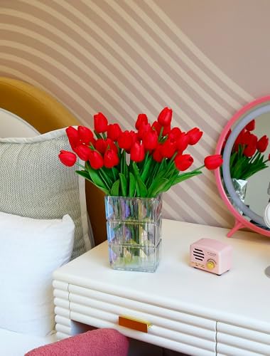 36 Pcs Tulips Artificial Flowers, 13 Inches Real Touch PU Fake Tulips for Wedding Bouquets, Home Decor - color: Red