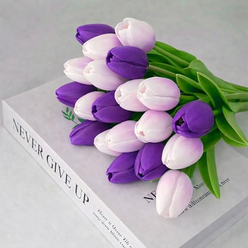 20 Pcs Tulips Artificial Flowers, 13.5'' Real Touch PU Fake Flowers Bouquet for Home Party, Spring Wedding Floral Arrangement, Valentine's, Easter and Mother's Day Decor (White Purple) - color: White Purple