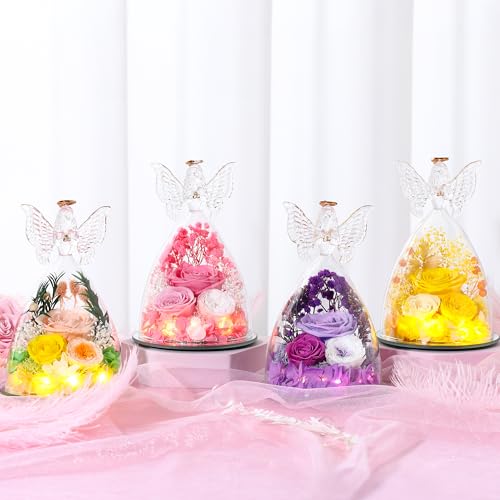 Mothers Day Rose Gifts for Women Preserved Real Flower in Glass Angel Figurines Roses for Delivery Prime Birthday Gifts for Mom Grandma Girlfriend Wife Her,Pink Austin Roses - color: Pink With Austin Roses