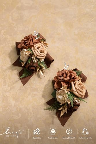 Ling's moment 2pcs Prom Wrist/Shoulder Corsage Artificial Flower, Girl/Mother Homecoming/Wedding Corsage Wristlet Décor, etc. Walnut Brown Golden Glove - color: Brn-walnut Brown & Golden Glove