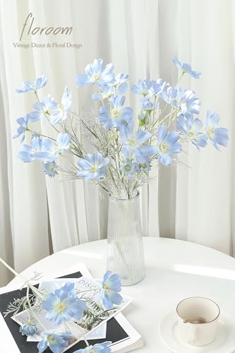 Floroom 5 Pcs Artificial Flowers Power Blue Fake Cosmos Faux Silk Flower for Indoor Home Decor, Party Arrangements, Wedding Bouquets, Floral Table Centerpieces, and Decorations - color: Powder Blue