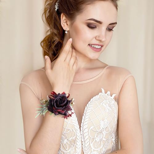 Wrist Corsage and Boutonniere Set, Artificial Burgundy Flower Women Corsage Men Boutonniere for Wedding Prom Homecoming Ceremony Anniversary (Burgundy Rose Set) - color: Burgundy Rose Set