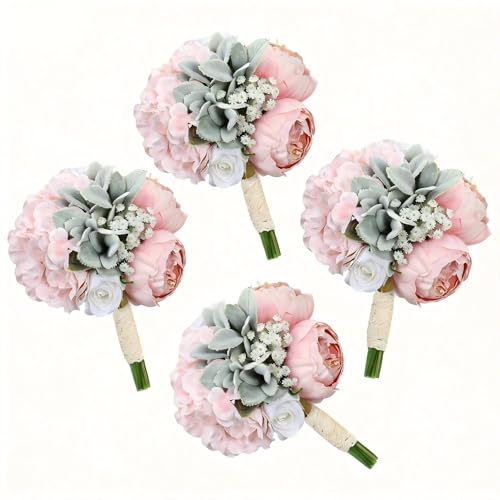 Dusty Pink Pre-Made Bridesmaids Bouquets Set of 4-7 inch Small Rustic Aritificial Flower Bouquet for Wedding Marriage Proposal Decor - color: Dusty Pink, size: Set of 4 Bouquets