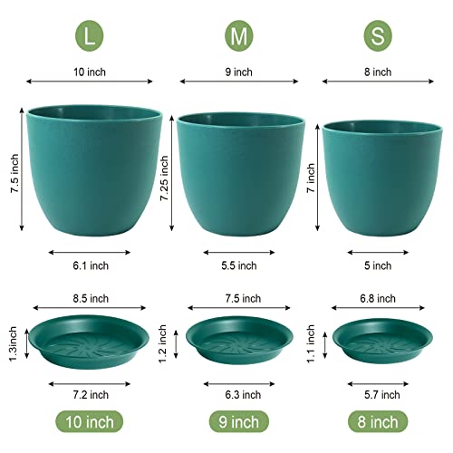 WOUSIWER Plant Pots 10/9/8 inch, Set of 3 Modern Decorative Plastic Planters with Drainage Holes and Saucers for House Plants Indoor Flowers Plants, Blue - color: Blue