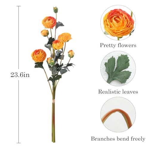 6Pcs Realistic Silk Yellow Ranunculus Artificial Flowers Long Stems, 23.6" Tall Fake Flowers Faux Flowers Suit for Year-Round Home Decoration, Wedding, Bridal Bouquets, Office - color: Yellow
