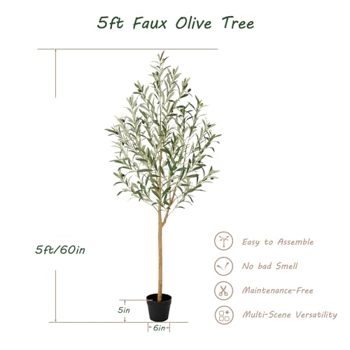 Bellacat 5ft Faux Olive Tree with Real Wood Trunk, 60in Artificial Olive Tree with Lifelike Fruits & Silk Leaves, Fake Olive Tree Indoor for Living Room Bedroom Office Decor - color: Green Olive Tree, size: 5ft