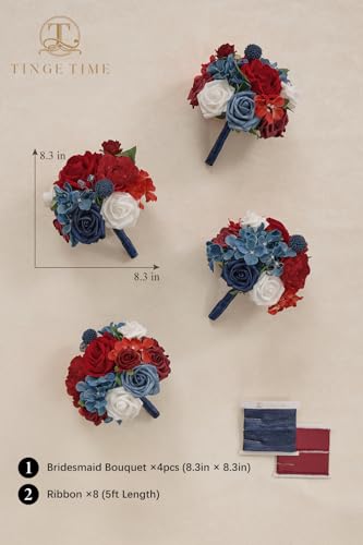 TINGE TIME Bridesmaid Bouquets for Wedding Set of 4 Red&Navy Blue 7 Inch Wedding Bouquets Artificial Silk Flowers Bridal Bouquets for Bridesmaids, Wedding Decor, Anniversary, Party - color: Red&navyblue