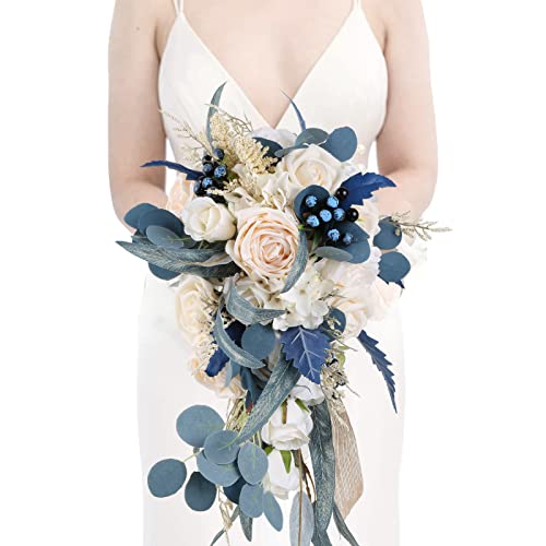 Wedding Bouquets for Bride, 11 Inch Bride Bouquets for Wedding Dusty Blue Artificial Flowers Bridal Bouquet for Wedding Ceremony Anniversary(Dusty Blue) - color: Dusty Blue