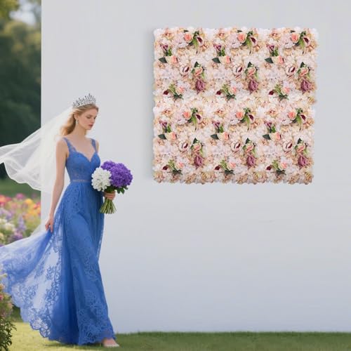 6 Pcs Flower Wall Panel Floral Backdrop, 24*16in Artificial Flower Wall Panels Pink Yellow Flowers Flower Walls Decor Silk Fabric for Wedding Party Room Home Decor Decoration (Pink, Yellow) - color: Pink, Yellow