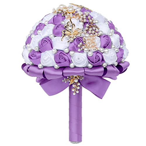 Sharebeauty 5.9 Inch Handmade Satin Rose Bridal Bouquet Toss Round Wedding Bouquet Throw Toss Artificial Flower Bunch Bright Lavender + White - color: W322g19 Bright Lavender/White, size: 5.9 inches / 15 cm
