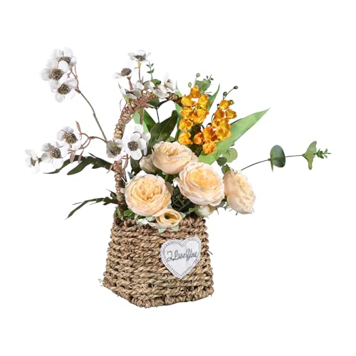 Artificial Flower Arrangement in Woven Basket with Heart Design, Wooden Woven Basket Mixed White Roses and Yellow Orchidsfor Home Decoration Dining Table Centerpiece
