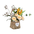 Artificial Flower Arrangement in Woven Basket with Heart Design, Wooden Woven Basket Mixed White Roses and Yellow Orchidsfor Home Decoration Dining Table Centerpiece