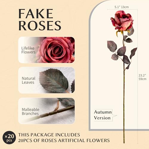 Artificial Flowers Artificial Roses 23.2In Fake Roses Long Stem Artificial Flowers for Tall Vase Silk Rose Suitable for Indoor Decoration Wedding Party Decor DIY Bouquet Autumn (20PCS,Red) - color: Red