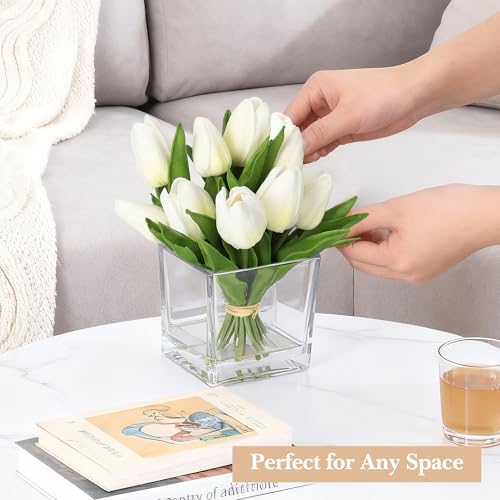 White Artificial Tulips in Vase with Faux Water, 7.4 Inch Real Touch Fake Tulips, Small Flower Arrangement in Cube Glass Vase for Mother's Day, Table Centerpiece, Wedding, and Home Decor - color: White, size: Tulip, PU
