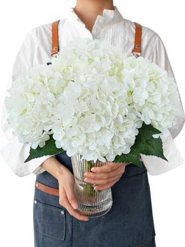 JINWOE White Hydrangea Artificial Flowers,4PCS 21" Large Silk Outdoor Artificial Hydrangeas Faux Flower, Lifelike Fake Flower with Stems Bouquets Arrangement for Home Table Centerpieces Wedding Porch - color: White