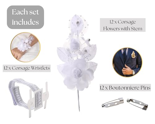 Set of 12 Artificial Silk Organza Craft Rose Flower, 12 Corsage Wristlet, 12 Pin Back DIY Boutonnieres for Wedding, Bridesmaids, Groomsmen, Quinceanera, Prom, Sweet 16 (White) - color: White
