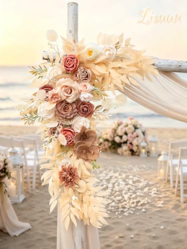 Lisuun Artificial Wedding Arch Flowers with Chiffon Runner, Pack of 3 | Includes 2 Flower Swags, 1 20ft Chiffon Runner and Zip Ties for Wedding Arches, Arbors and Backdrops - color: Champagne