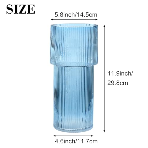 Large Glass Vase, 12 Inches Tall Vase for Flowers, Blue Flower Vases for Bouquet, Modern Blue Glass Vases for Living Room, Dining Table, Office, Entryway, Mantle, Shelf, Wedding Gifts - color: Blue, size: Ribbed 12 Inches