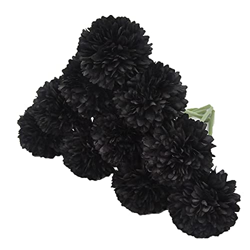 10Pcs Artificial Fake Flower Plants Silk Chrysanthemum Ball Hydrangea Arrangements Wedding Bouquets Decor Home Kitchen Garden Party Table Floral Centerpieces DIY (Black) - color: Black
