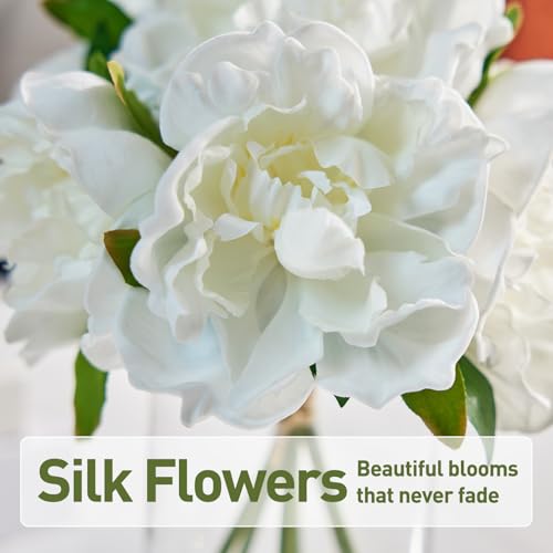 VeriNatural Artificial White Peony Flowers with Vase – 10.6" Fake Silk Floral Arrangements in Glass Vase with Faux Water for Home Decor, Bathroom Shelf, Centerpiece, Wedding, Gift - color: White