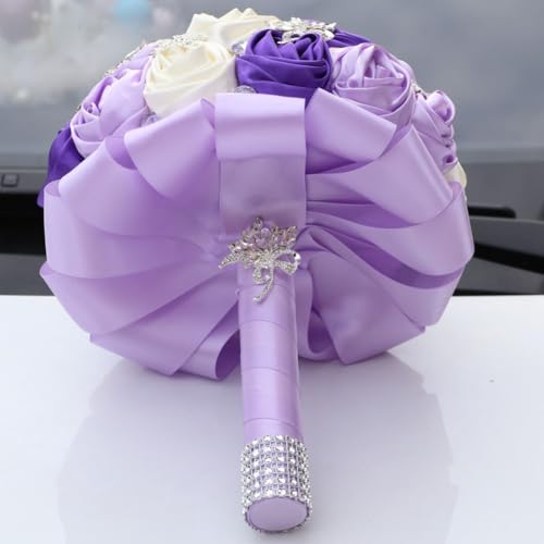 Handmade Wedding Bridal Bouquet with Luxury Silver Rhinestone Brooch for Bride Bridesmaid Quinceanera Satin Rose Flower Wedding Bouquet Purple Lavender and Ivory 7.5in - color: Purple, Lavender & Ivory, size: Medium (DIA. 7.5"/19cm)