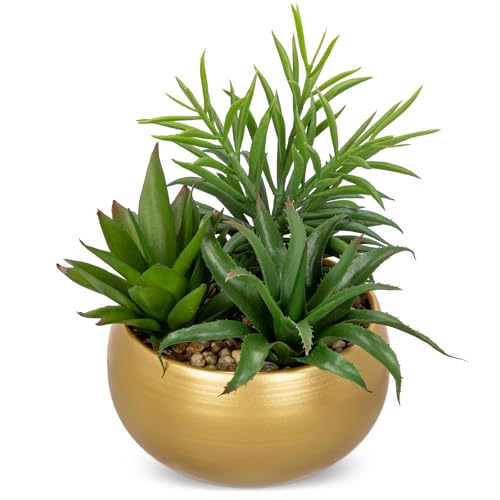 Briful Fake Succulents in Gold Metal Pot, Artificial Succulent Plants Arrangement for Home Decor, Small Faux Potted Plants Tabletop Centerpiece, Desk Office Bathroom Shelf Decorations - color: Gold#1