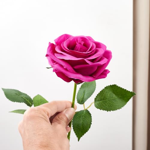 50pcs Magenta Roses Artificial Flowers Bulk Fake Roses Silk Flower with Stems Realistic Flowers for Wedding Centerpiece Party Birthday Decor - color: Magenta