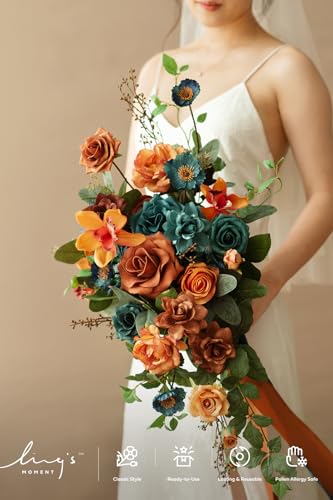 Ling's moment Wedding Artificial Flowers Package, Bridal Bouquet, Bridesmaid Bouquets, Boutonniere for Men, Rose Petals.Dark Teal Burnt Orange - color: Or-dark Teal & Burnt Orange