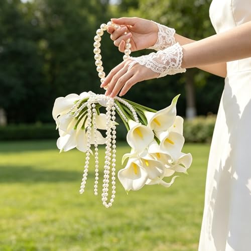 20 Pcs Calla Lily Bridal Bouquet with Pearl Handle, Pearl Cascade Wedding Bouquet with Beaded Pearls, Elegant Bridal Flowers for Wedding Ceremony, Marriage, Party, Church, Bridesmaid Bouquet