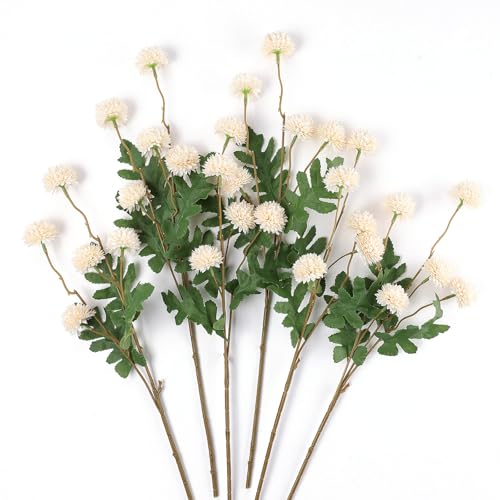 mizii 6Pcs Beige Fake Silk Pompon Mum Artificial Flowers Bulk Small Faux Chrysanthemums with Stems Floral Decorations for Wedding DIY Bouquet Centerpieces Shower Vase Home Decor (Bright Beige) - color: Bright Beige