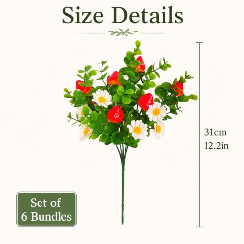 6 Pcs Artificial Strawberry Branches, Artificial Eucalyptus Flower Stems with Berries, Faux Greenery Daisy Picks for Vase Wreath Wedding Home Decor - color: Red White