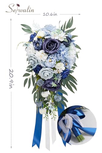 Serwalin 9.8 Inch Wedding Bouquets for Bride Bridesmaid, Dusty Blue Bridal Bouquets for Bride, Wedding Flowers Bouquet Tossing Bouquet, Wedding Ceremony and Anniversary Decoration - color: Dusty Blue