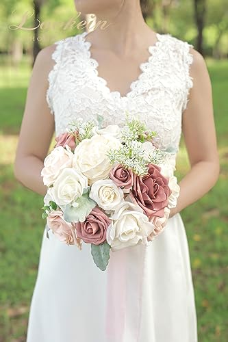 Lookein 10 Inch Wedding Bouquet for Bride Artificial Flowers Birdal Bouquet Tossing Bouquet for Wedding Ceremony Anniversary Bridal Shower, French Dusty Rose - color: 10" French Dusty Rose