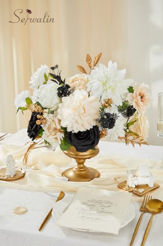 Serwalin Artificial White & Black & Champagne Flowers, Silk Fake Flowers for DIY Wedding Bouquets Cake Flowers, Table Centerpieces Baby Shower Birthday Party Home Decorations - color: White & Black & Champagne, size: Grand