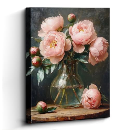 WOXZQ Peony Bouquet Wall Art, pink peonies in vase, vintage wall decor, laminated paper unframed canvas print, floral still life poster artwork, for dining room kitchen gift, 12x15 inch - color: Pink Peony Glass Vase
