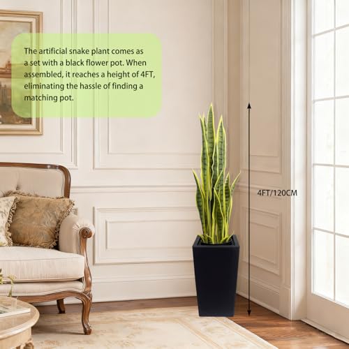 4FT-2PC Artificial Snake Plant, 24 PVC Lifelike Leaves, 35in Faux Sansevieria for Indoor Home & Garden Decor, Tall Planter Potted Mother-in-Law's Tongue Plants, Yellow - color: Black Tall Planter Snake Plant-2pc