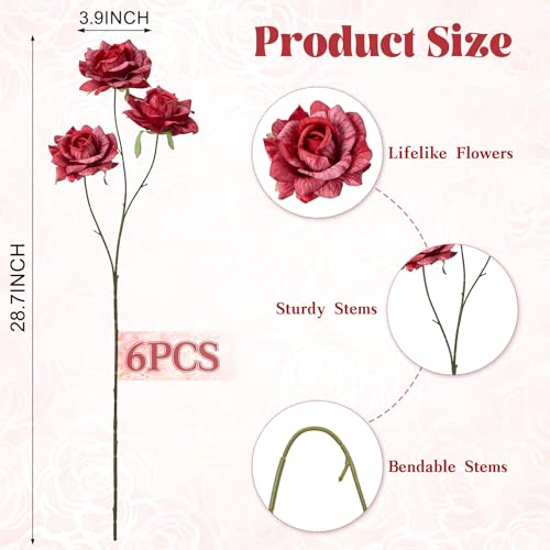 INXUGAO Artificial Flowers Fake Roses for Outdoor, 6Pcs 28" Long Stem Silk Red Roses for Wedding Indoor Outside Party Decor, Realistic Faux Bouquet for Tall Vase Planter - color: Rose-red 6 Pcs
