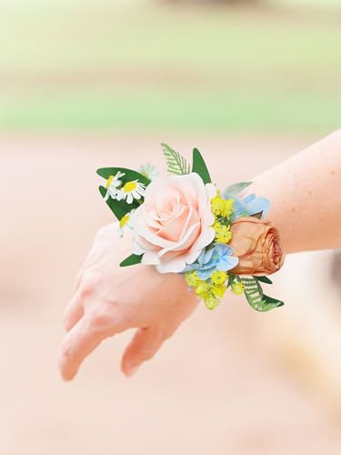 Rinlong 2Pcs Pink Blue Wrist Corsage for Wedding, Prom, Homecoming | Bridesmaid, Mother of the Bride Corsage - color: 15-spring Garden