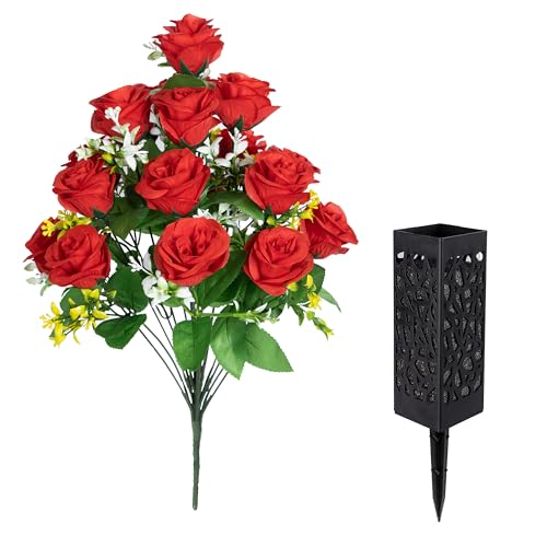 LVXINLI 2 Sets Artificial Cemetery Flowers,Memorial Flowers,Beautiful Arrangements for Headstones,Black Plastic vase with Drainage Hole Long Spikes Outdoor Memorials (red) - color: Red