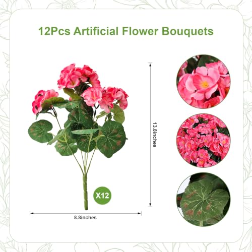 12 Bundles Artificial Geranium Fake Flowers for Outdoor UV Resistant, Outside Spring Pink Flower Decoration for Home Kitchen Table Cemetery Garden Planter, Front Door Silk Faux Plants - color: Rose Pink, size: 12ps