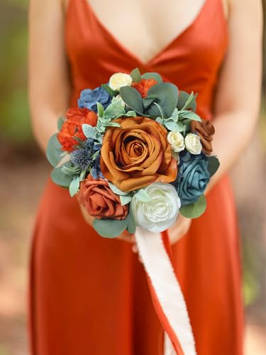 Rinlong Navy Terracotta Bridesmaid Bouquet, Fall Wedding Bouquets | Bridal Bouquet, Prom, Homecoming, Wedding, Destination Friendly - color: 07-blue & Burnt Orange