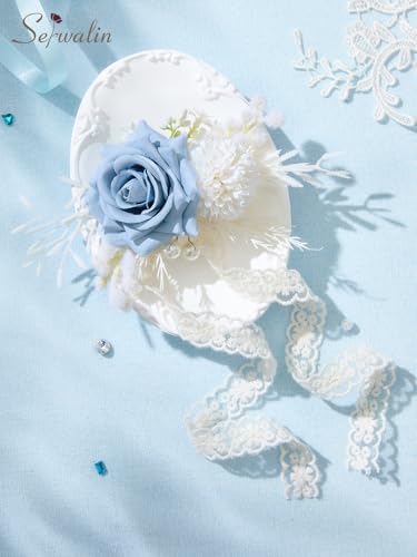 Serwalin Blue Rose Corsage and Boutonniere Set, Boutonniere for Men and Wrist Corsage Wristlet Prom Homecoming Wedding Flowers Accessories Party Suit Decorations - color: Blue, size: 1 Boutonniere & 1 Wrist Corsage - 2pcs