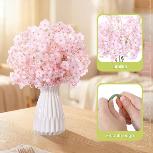 6 Pcs Artificial Cherry Blossoms 14 Inches Fake Silk Pink Sakura Peach Flowers for Vase, Spring Realistic Faux Flowers for Women Gifts, Home Table Decor Wedding Bouquet Centerpieces