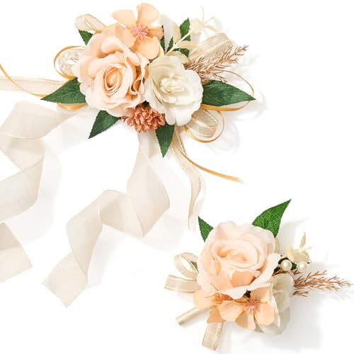 Alecono Champagne Corsage and Boutonniere Set, Corsages for Bride Bridesmaid Groom Bridegroom, Artificial Flowers for Prom Graduation Ceremony Anniversary - color: Champagne, size: Corsage and Boutonniere Set