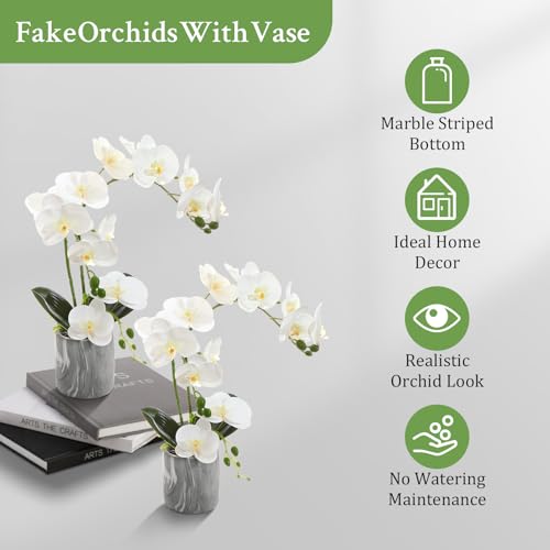 White Fake Orchids Flowers in Pot Bendable Faux Orchids Artificial Flowers Washable Silk Orchid Phalaenopsis Decor for Home Wedding Table Centerpiece Bathroom Office - color: 2 Pots White
