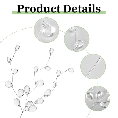 Acrylic Bead Drop Crystal Flower Stem, 60 Pcs Artificial Bouquets with 3-Prong Branches for Christmas Tree, Wedding, Bridal Decoration, DIY Crafts & Vase Arrangements
