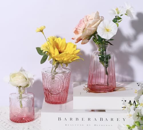 18pcs Pink Glass Bud Vase Set, Small Flower Vases for Centerpieces in Bulk, Mini Vintage Vase for Home, Wedding, Table Decor - color: Pink, size: 18pcs